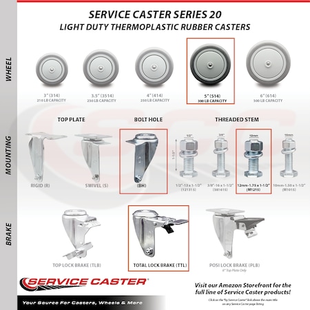 Service Caster 5 Inch Thermoplastic Rubber Swivel 12mm Stem Caster Total Lock Brake, 2PK SCC-TSTTL20S514-TPRB-M1215-2-S-2